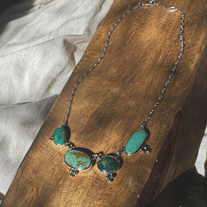 Meadow Ridge Turquoise Necklace styled on neck, botanical earthy Natural Earth Collective Ohio
