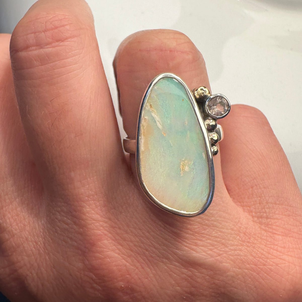 Australian Boulder Opal and pale pink Morganite ring size 8, solid 14k gold accents sterling silver Natural Earth Collective Ohio