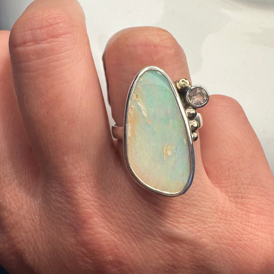 Australian Boulder Opal and pale pink Morganite ring size 8, solid 14k gold accents sterling silver Natural Earth Collective Ohio