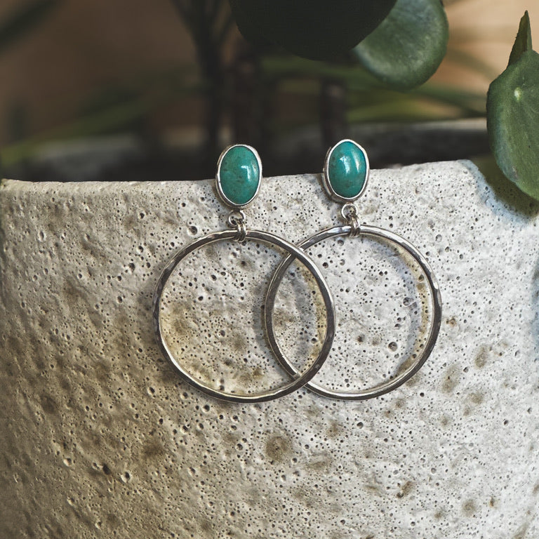 Turquoise stud hoop earrings on ear, artisan handcrafted Natural Earth Collective Ohio