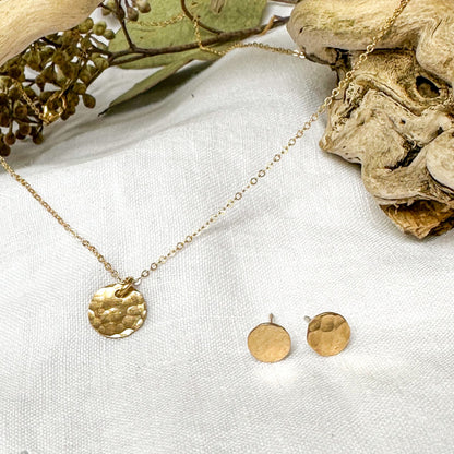 Gold filled hammered dot earrings close up, artisan jewelry Natural Earth Collective Ohio