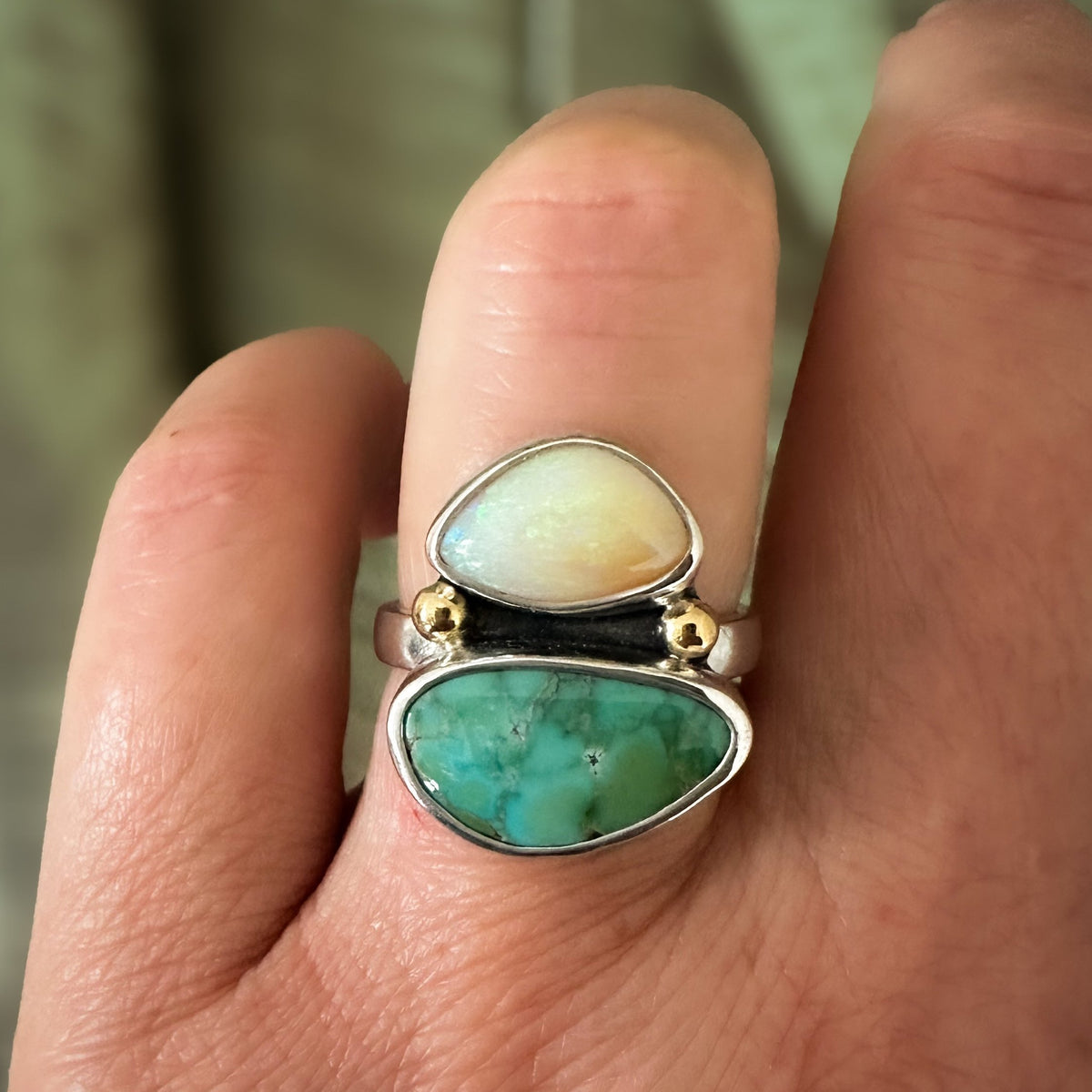 Turquoise and opal ring on hand, one of a kind artisan jewelry Natural Earth Collective Ohio