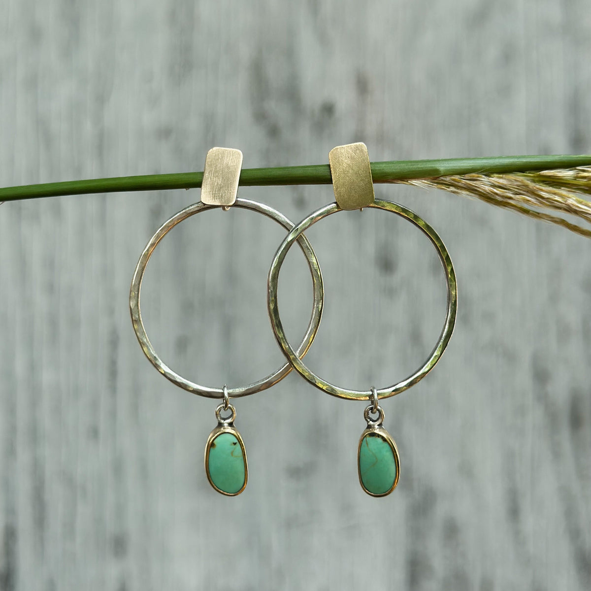 Kingman Turquoise mixed metal hoop earrings No.1, sterling silver 14k gold filled handcrafted Natural Earth Collective Ohio