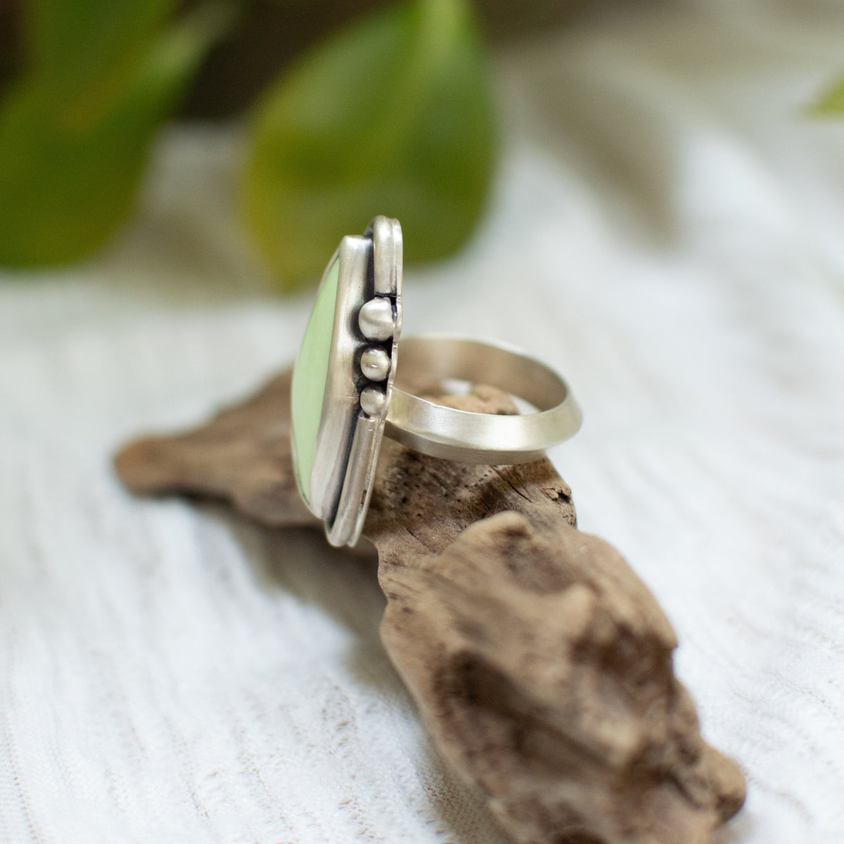 Lemon Chrysoprase ring size 10 on hand, one of a kind artisan Natural Earth Collective Ohio
