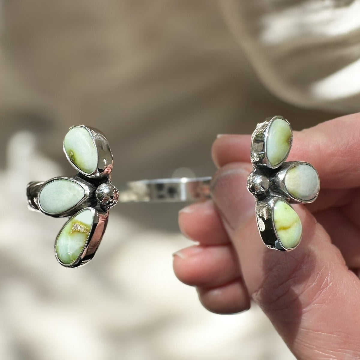 Palomino Flora Cuff on wrist, nature-inspired granulation sterling silver Natural Earth Collective Ohio