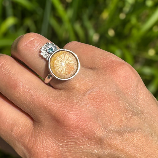 Single fossilized coral sunburst ring with blue topaz finish to size, ancient ocean fossil sterling silver Natural Earth Collective Ohio