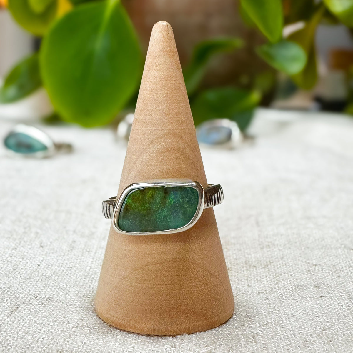 Green Boulder Opal ring close up, rich forest green shifting color Natural Earth Collective Ohio