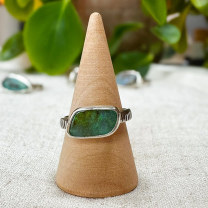 Green Boulder Opal ring close up, rich forest green shifting color Natural Earth Collective Ohio