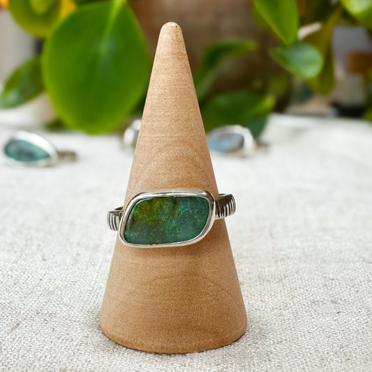 Green Boulder Opal ring close up, rich forest green shifting color Natural Earth Collective Ohio