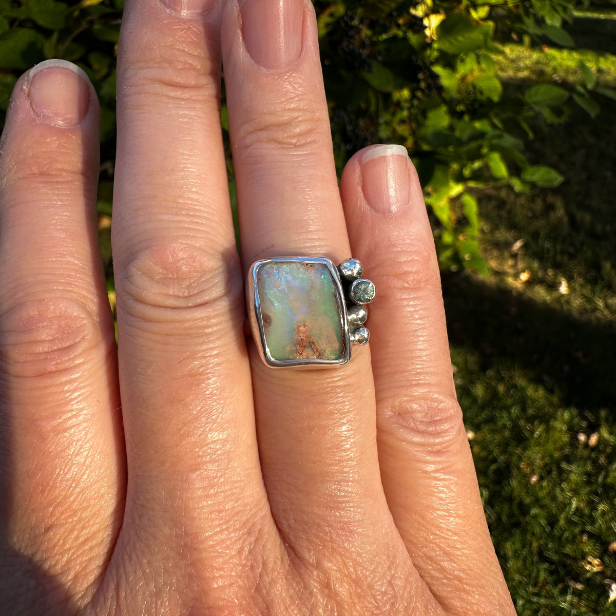 Australian Boulder Opal and olive green Sapphire ring size 7.5, sterling silver Natural Earth Collective Ohio