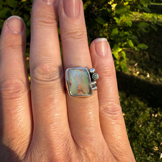 Australian Boulder Opal and olive green Sapphire ring size 7.5, sterling silver Natural Earth Collective Ohio