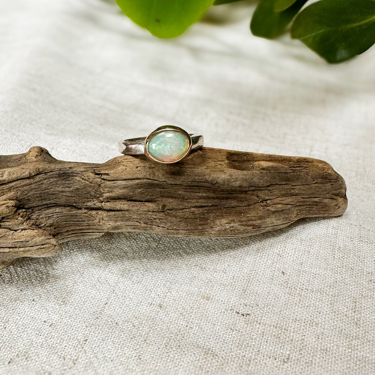 Ethiopian Opal ring No.4 close up, blue green red flash hydrophane opal Natural Earth Collective Ohio