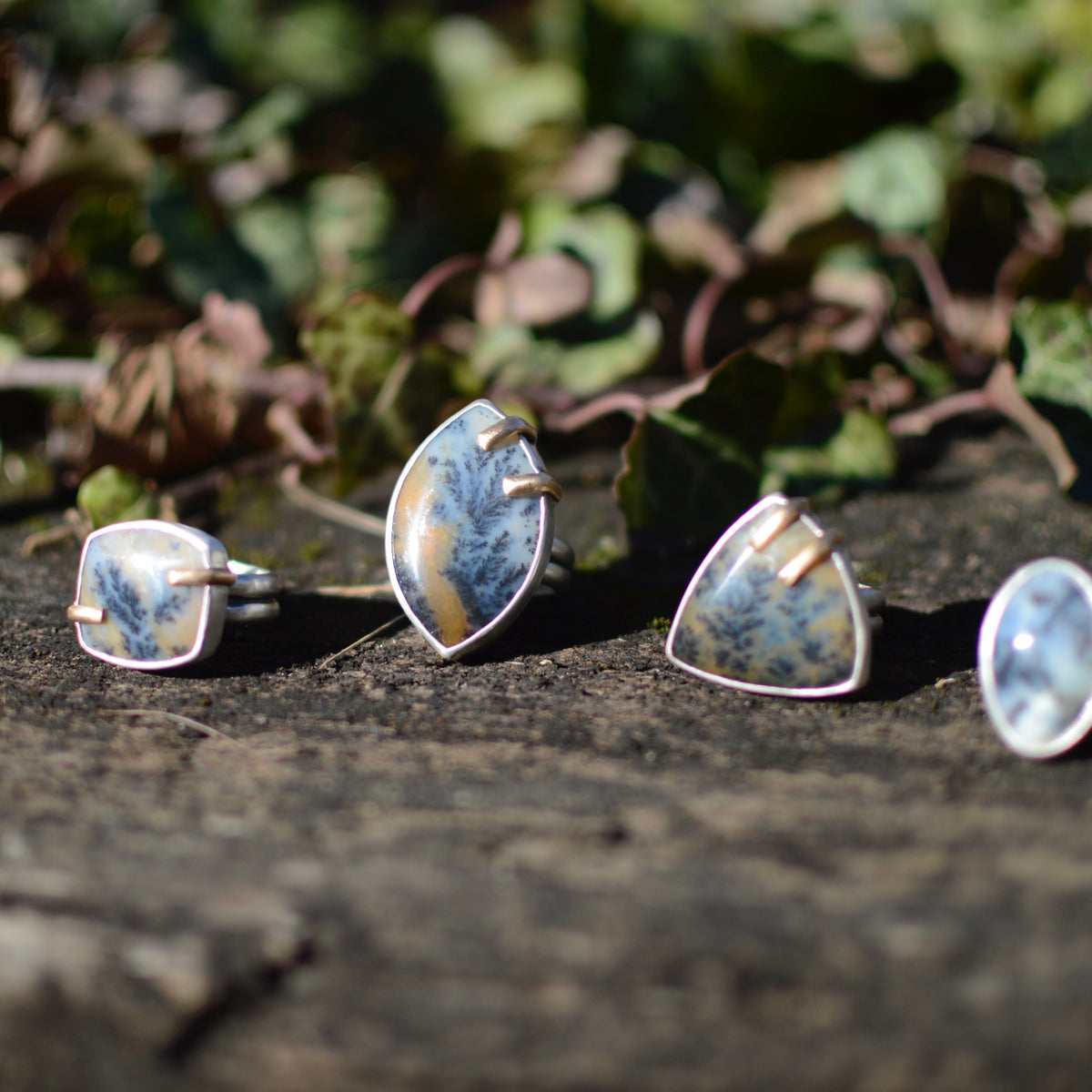 Mixed metal Dendritic Agate ring No.2 detail, gold filled prong setting Natural Earth Collective Ohio