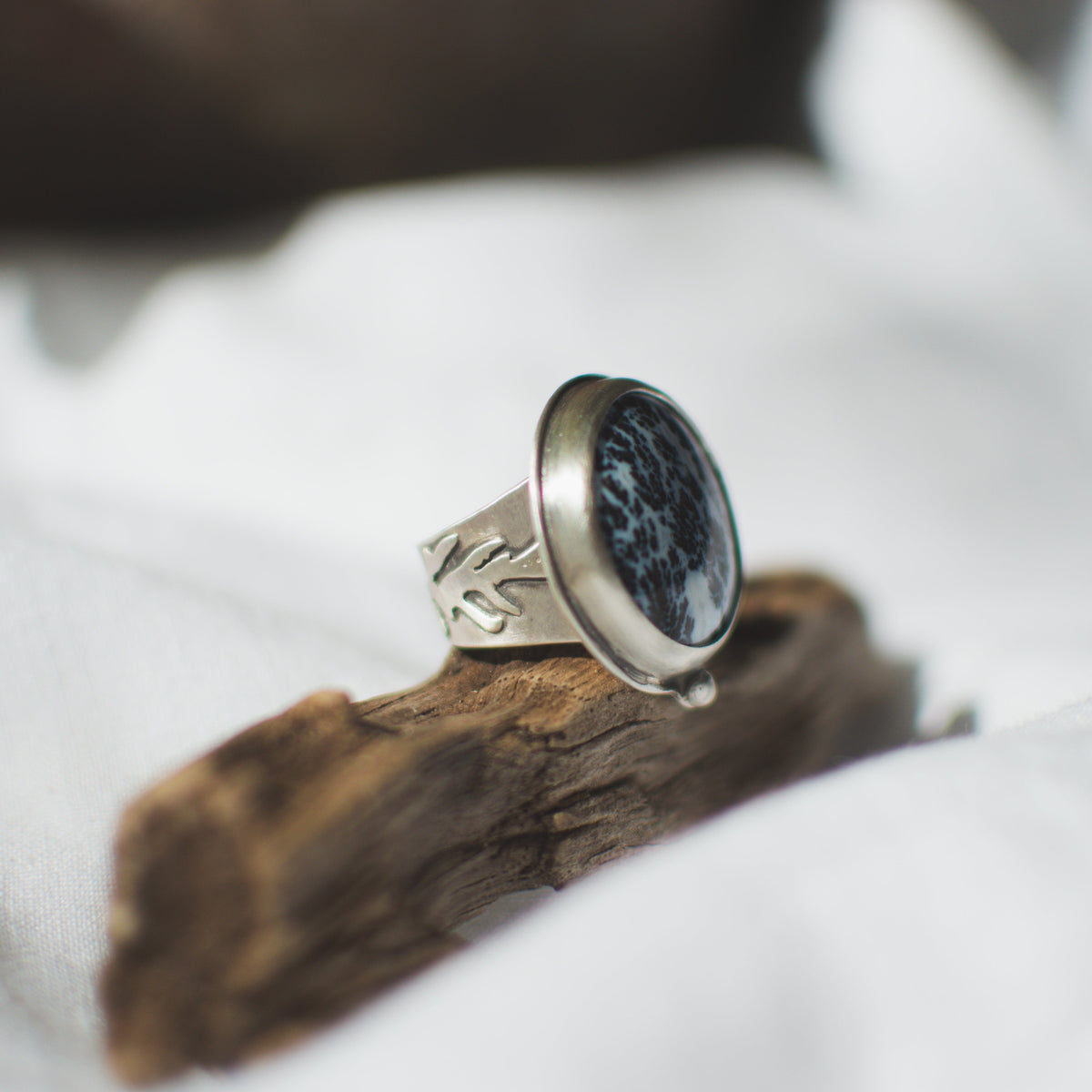 Dendritic Agate ring No.3 close up, black dendritic inclusions Natural Earth Collective