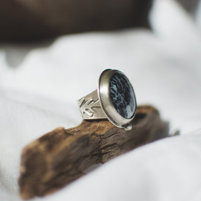 Dendritic Agate ring No.3 close up, black dendritic inclusions Natural Earth Collective