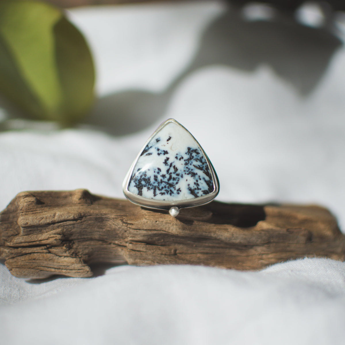 Dendritic Agate Cypress ring on hand, one of a kind handcrafted Natural Earth Collective Ohio