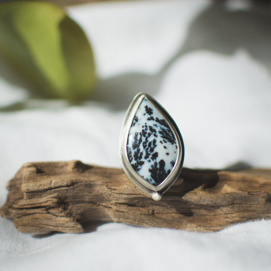 Dendritic Agate ring No.2 close up, creamy white black dendritic inclusions Natural Earth Collective Ohio