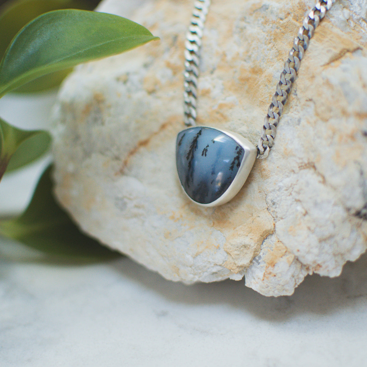 Agate curb chain necklace close up, dark evergreen Dendritic Agate Natural Earth Collective Ohio