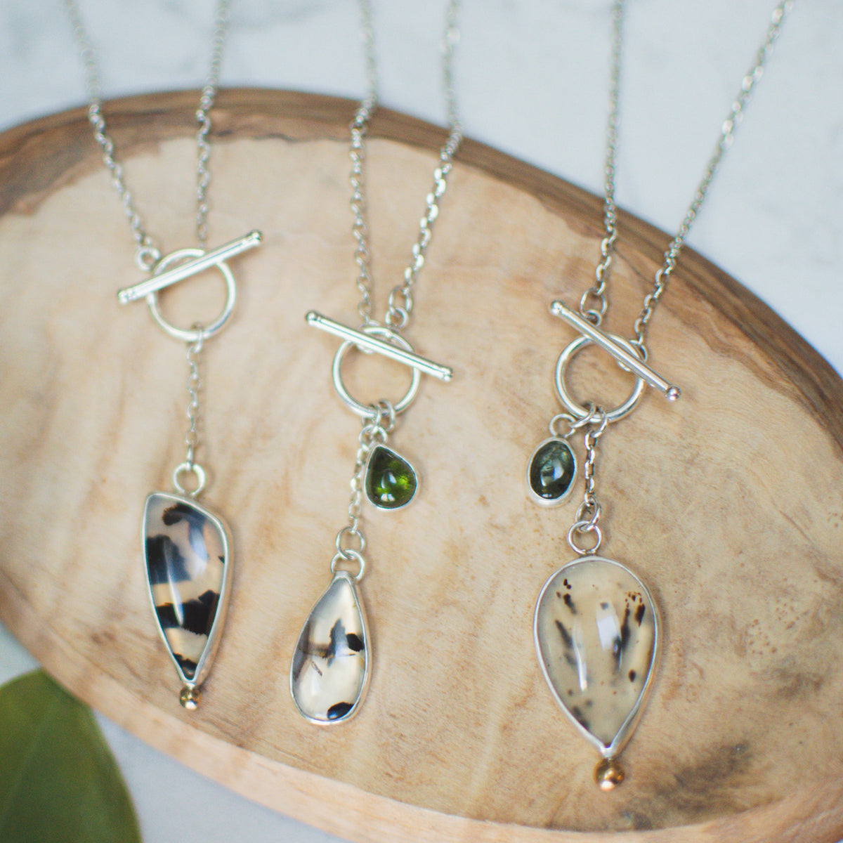 Montana Agate emerald tourmaline necklace No.2 detail, mixed metal Natural Earth Collective Ohio