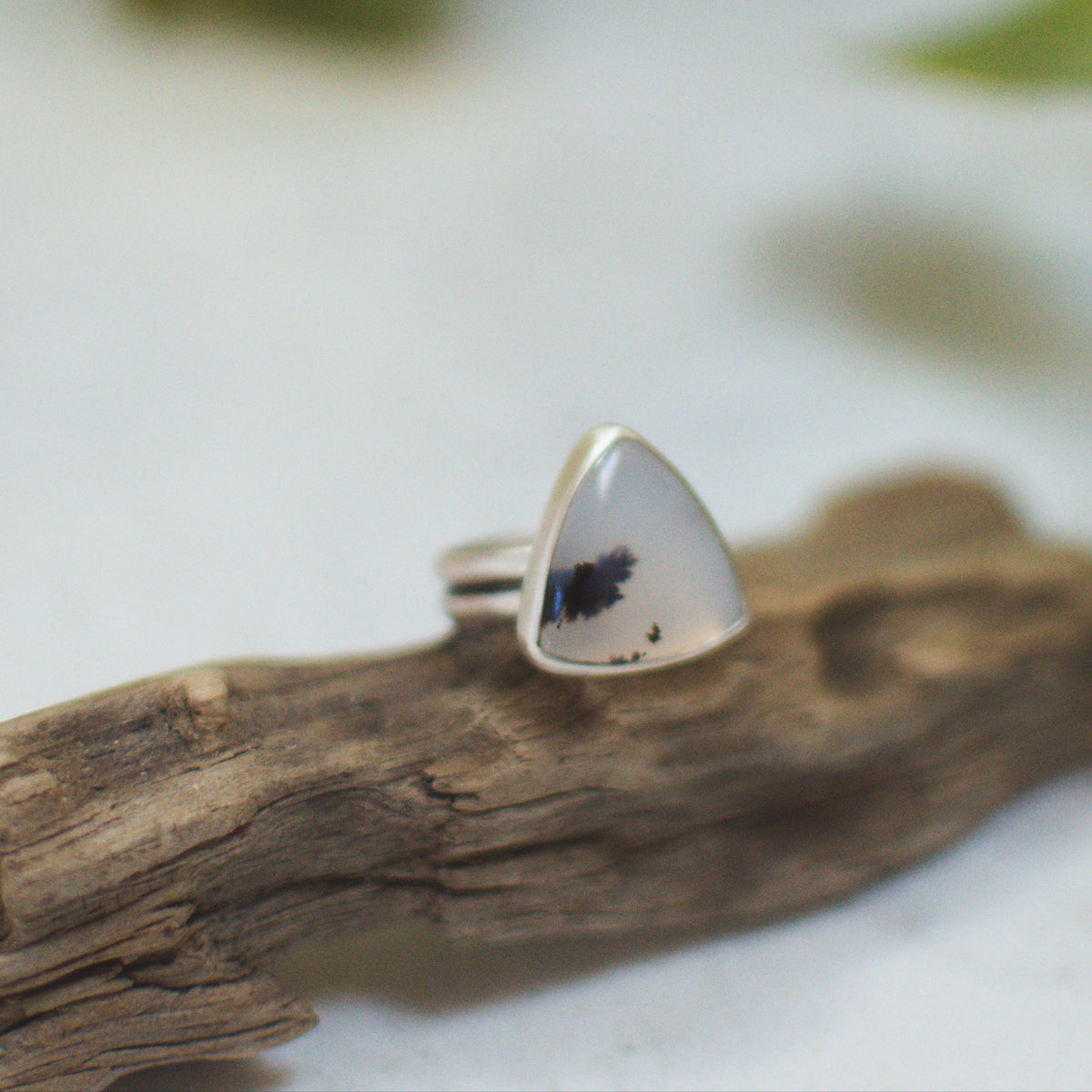Trillion Dendritic Agate ring close up, triangular modern cut natural stone Natural Earth Collective Ohio