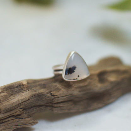 Trillion Dendritic Agate ring close up, triangular modern cut natural stone Natural Earth Collective Ohio