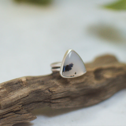 Trillion Dendritic Agate ring close up, triangular modern cut natural stone Natural Earth Collective Ohio