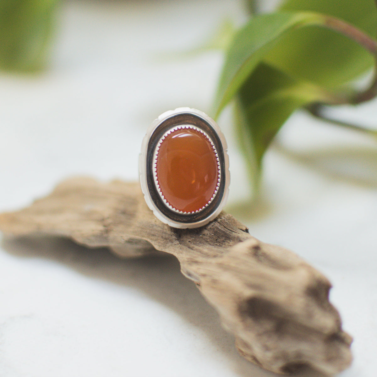 Orange Chalcedony ring close up, warm glowing amber shadowbox setting Natural Earth Collective Ohio