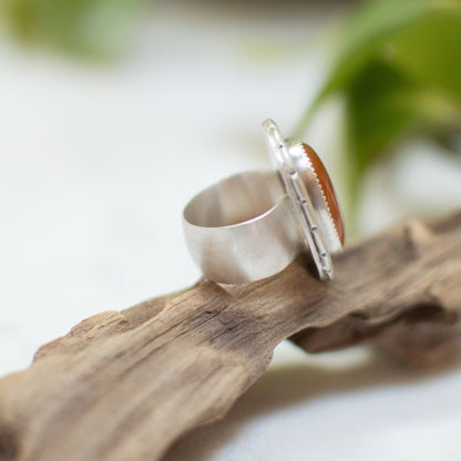 Orange Chalcedony shadowbox ring detail, oxidized sterling silver Natural Earth Collective Ohio