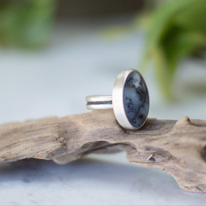Dendritic Agate oval ring close up, dark branch-like inclusions natural stone Natural Earth Collective Ohio