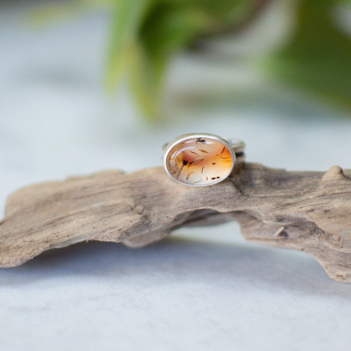 Oval Montana Agate ring size 8, warm orange amber sterling silver matte finish Natural Earth Collective Ohio