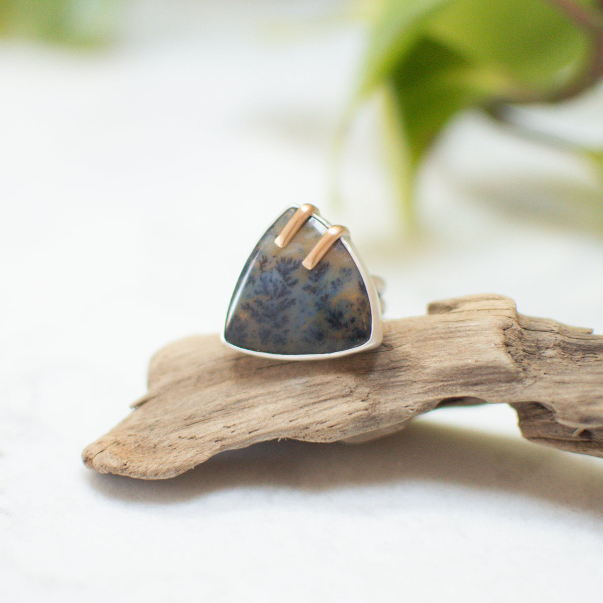 Mixed metal Dendritic Agate prong ring No.1 size 8.25, translucent gold inclusions 14k gold filled Natural Earth Collective Ohio