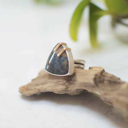 Mixed metal Dendritic Agate ring No.1 close up, forest-scape gold inclusions Natural Earth Collective Ohio