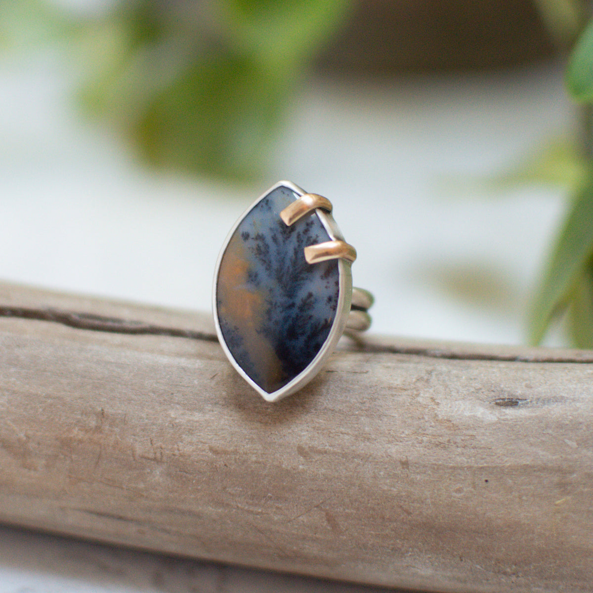 Mixed metal Dendritic Agate prong ring No.2 size 9.25, gold filled prongs sterling silver Natural Earth Collective Ohio