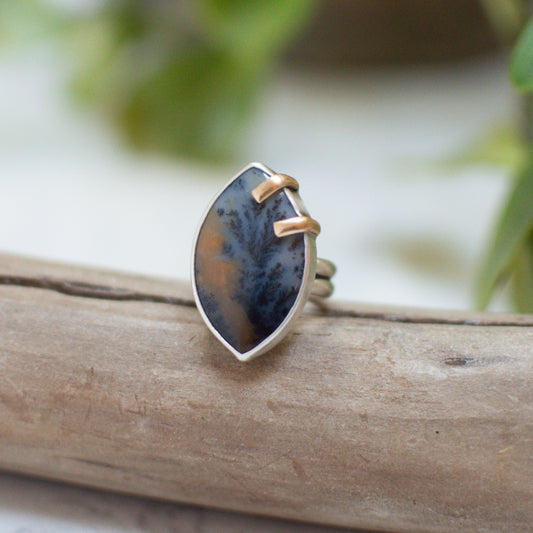 Mixed metal Dendritic Agate prong ring No.2 size 9.25, gold filled prongs sterling silver Natural Earth Collective Ohio