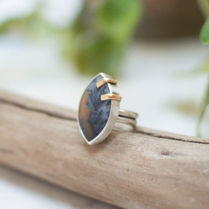 Mixed metal Dendritic Agate ring No.2 close up, translucent forest-scape stone Natural Earth Collective Ohio