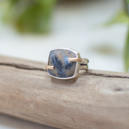 Mixed metal Dendritic Agate prong ring No.3 size 7, gold filled prongs sterling silver Natural Earth Collective Ohio