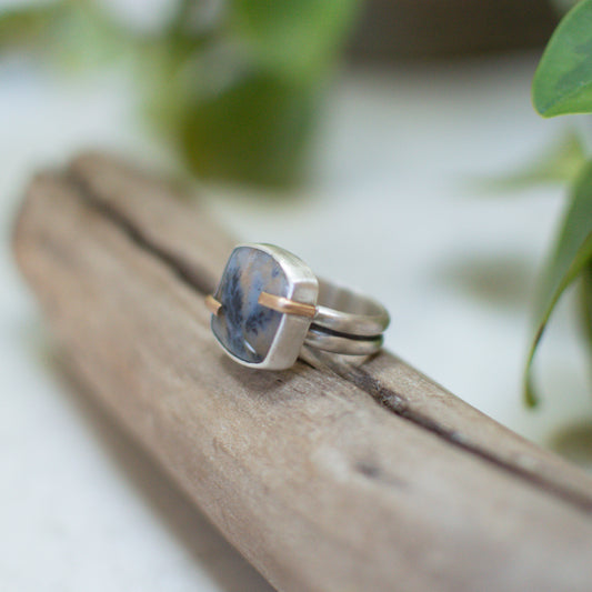 Mixed metal Dendritic Agate ring No.3 close up, translucent stone forest scene Natural Earth Collective Ohio
