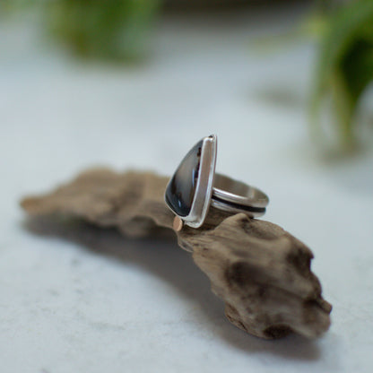 Triangle Montana Agate ring detail, brass accent double shank sterling silver Natural Earth Collective Ohio