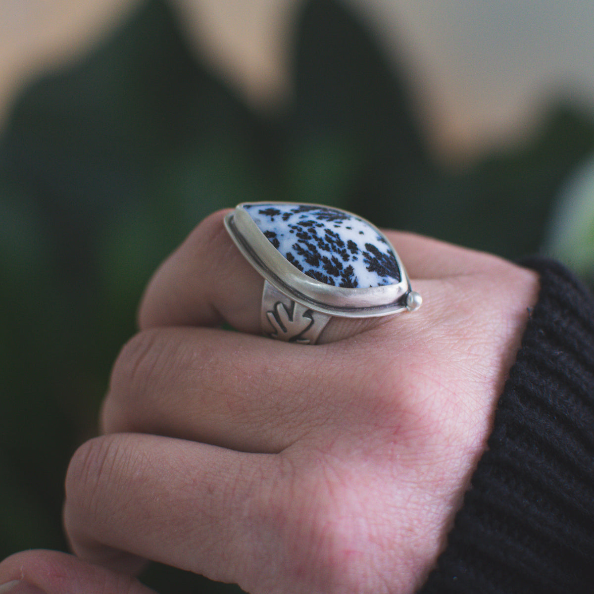 Dendritic Agate Cypress ring No.2 side view, hand-drawn band Natural Earth Collective Ohio