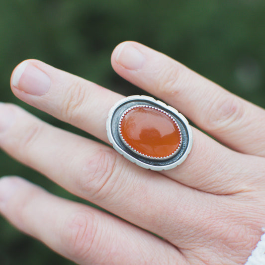 Orange Chalcedony shadowbox ring size 6, warm amber glow sterling silver Natural Earth Collective Ohio