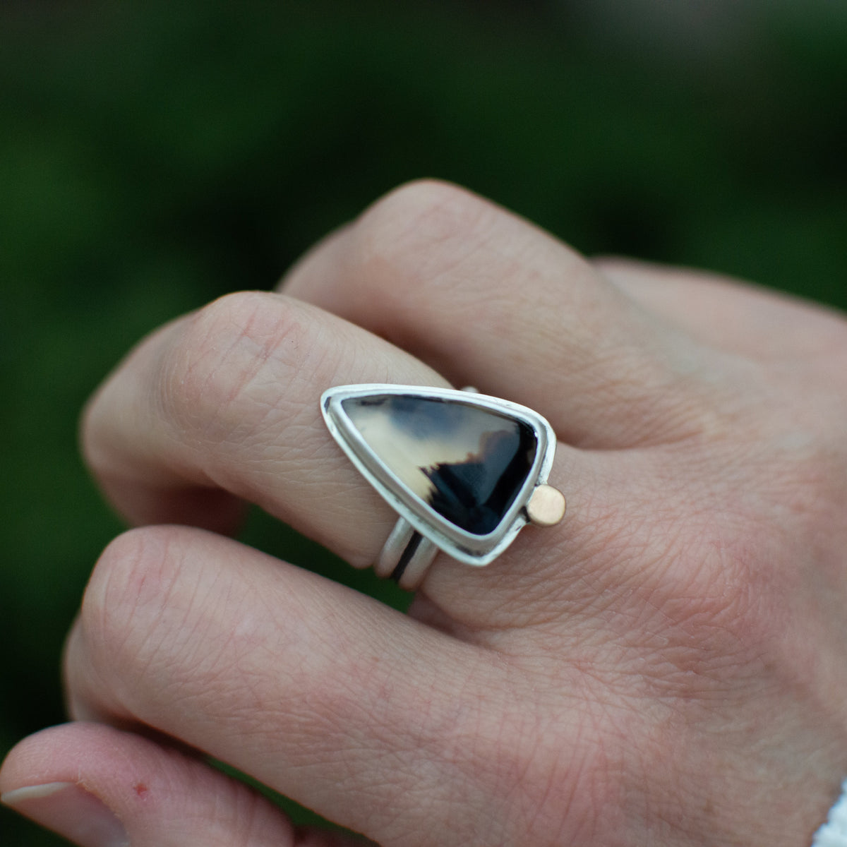 Triangle Montana Agate ring close up, geometric cut warm amber stone Natural Earth Collective Ohio
