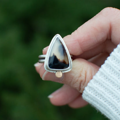 Triangle Montana Agate ring size 10, warm glowing agate brass accent sterling silver Natural Earth Collective Ohio
