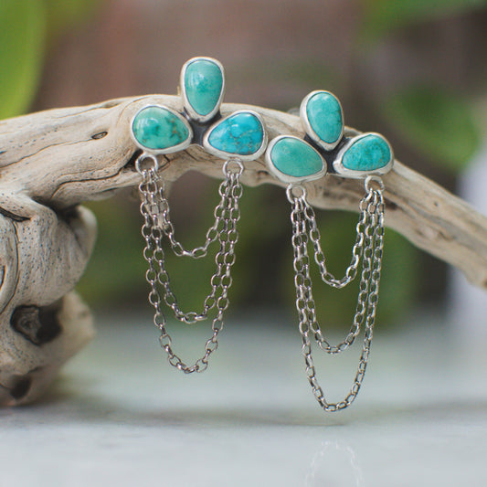 Carico Lake Turquoise cascade earrings, apple green turquoise sterling silver chain fringe Natural Earth Collective Ohio