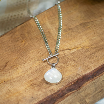 Moonstone curb chain toggle necklace close up, blue adularescence Natural Earth Collective Ohio