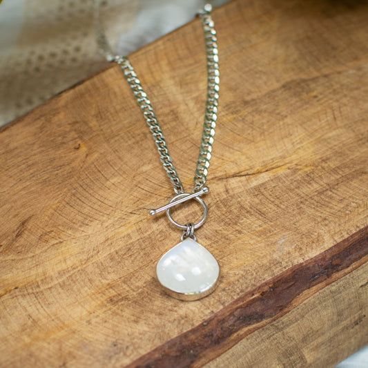 Moonstone curb chain toggle necklace close up, blue adularescence Natural Earth Collective Ohio