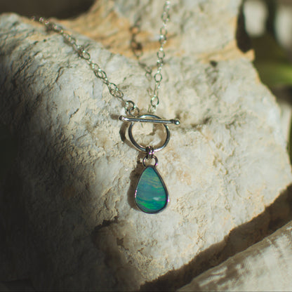 Opal teardrop toggle necklace, shifting green and blue natural opal sterling silver Natural Earth Collective Ohio