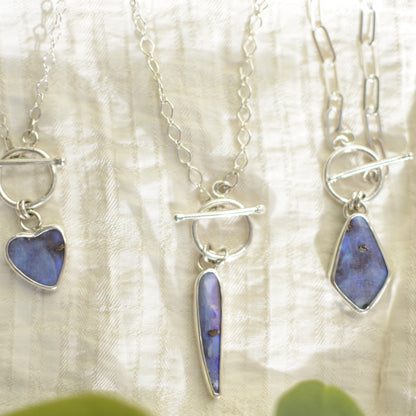 Diamond opal toggle necklace close up, violet purple shifting color play Natural Earth Collective Ohio