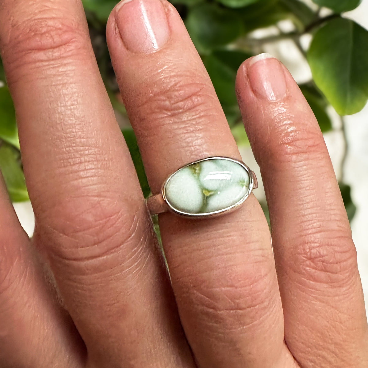 Palomino Variscite ring close up, soft blue-green natural stone Natural Earth Collective Ohio