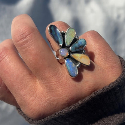 Opal Wild Flora ring size 8.5, six Australian Opals Boulder and Pipe sterling silver Natural Earth Collective Ohio