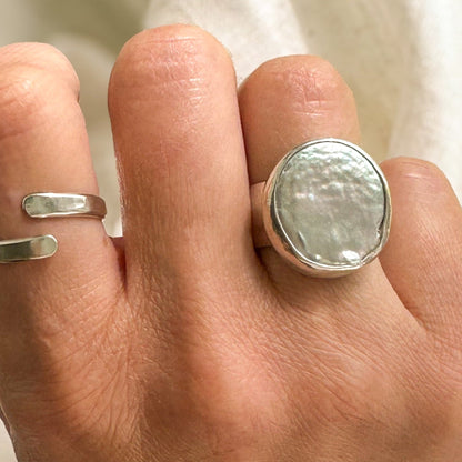 Natural jumbo pearl ring detail, handcrafted artisan sterling silver jewelry Natural Earth Collective Ohio